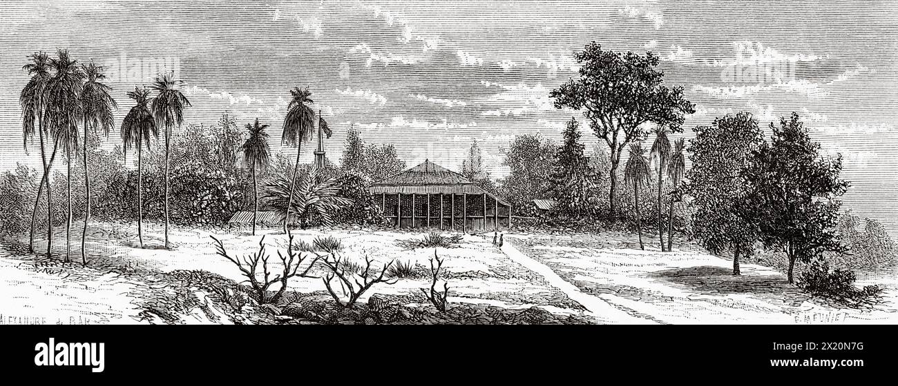 Niederländisches Kolonialhaus in Telok Betong, Java Island. Indonesien. Zeichnung von Alexandre de Bar (1821–1908) Krakatau und die Sundastraße 1884 des französischen Journalisten Edmond Cotteau (1833–1896) Le Tour du Monde 1886 Stockfoto