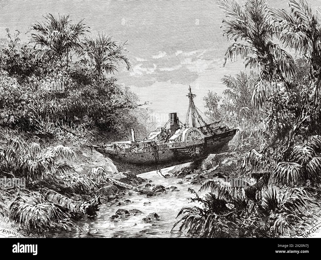 Das Baroux-Kanonenboot auf dem Koripan-Fluss nach dem Tsunami 1883 beim Vulkanausbruch auf Java Island. Indonesien. Zeichnung von Theodor Weber (1838–1907) Krakatau und die Sundastraße 1884 des französischen Journalisten Edmond Cotteau (1833–1896) Le Tour du Monde 1886 Stockfoto