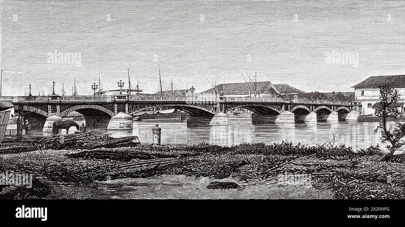 Die Brücke von Spanien in Manila, Philippinen, Südasien. Zeichnung von Kohl. Luzon und Palawan, sechs Jahre Reise auf den Philippinen von Alfred Marche (1844–1898) Le Tour du Monde 1886 Stockfoto