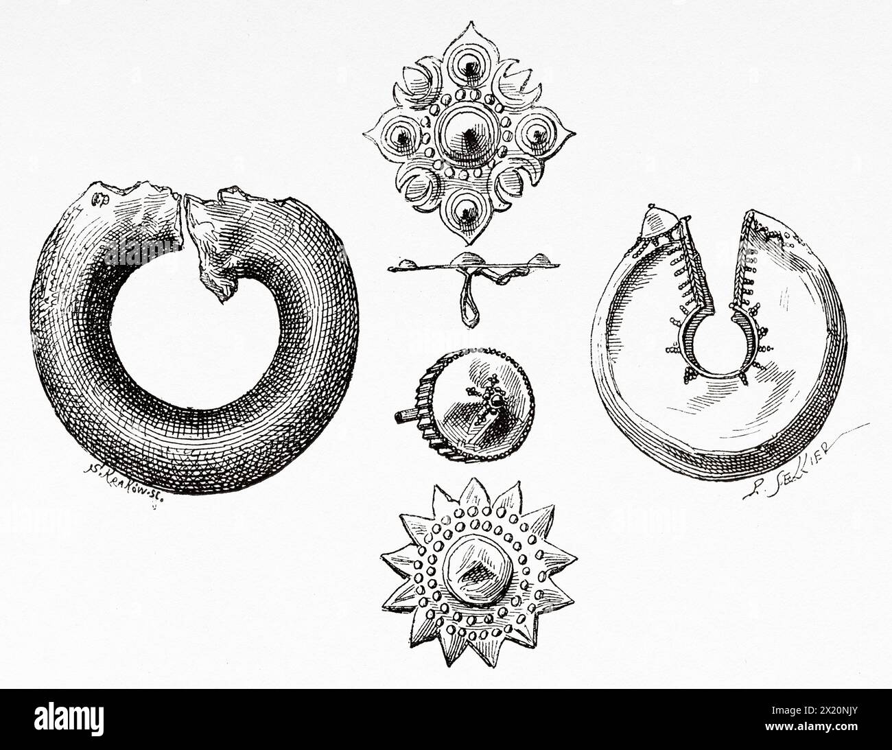 Goldschmuck in Särgen aus der Pamitinan-Höhle in Sierra Madre bei Wawa Dam, Rizal, Philippinen, Südasien. Zeichnung von P. Sellier. Luzon und Palawan, sechs Jahre Reise auf den Philippinen von Alfred Marche (1844–1898) Le Tour du Monde 1886 Stockfoto