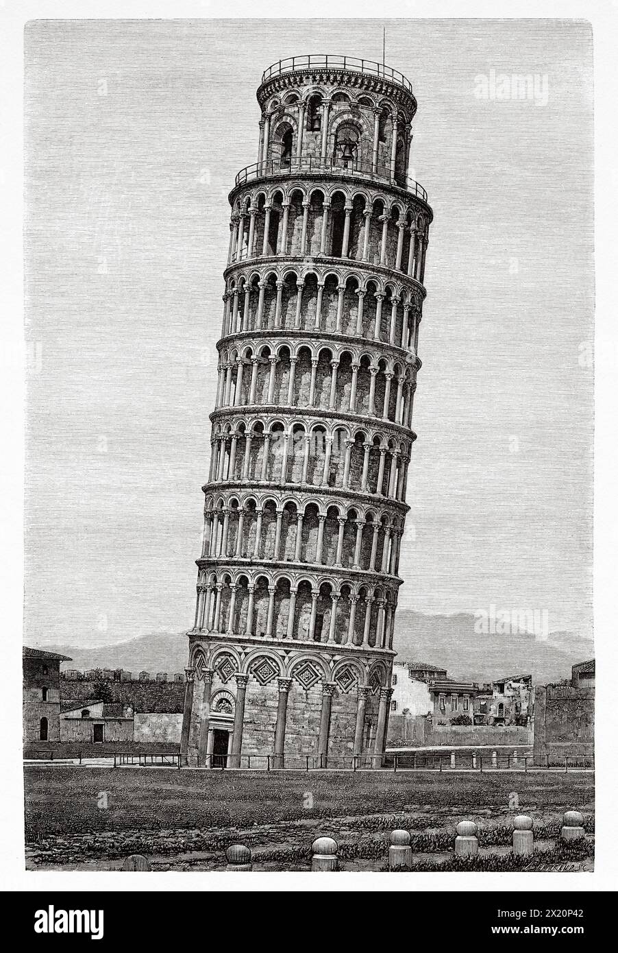 Der Schiefe Turm von Pisa ist der Glockenturm der Kathedrale von Pisa, der sich auf der Piazza del Duomo in Pisa befindet. Toskana, Italien. Europa. Zeichnung von Albert Bertrand (1854 - 1912) Reise durch die Toskana 1881 von Eugene Muntz (1845 - 1902) Le Tour du Monde 1886 Stockfoto