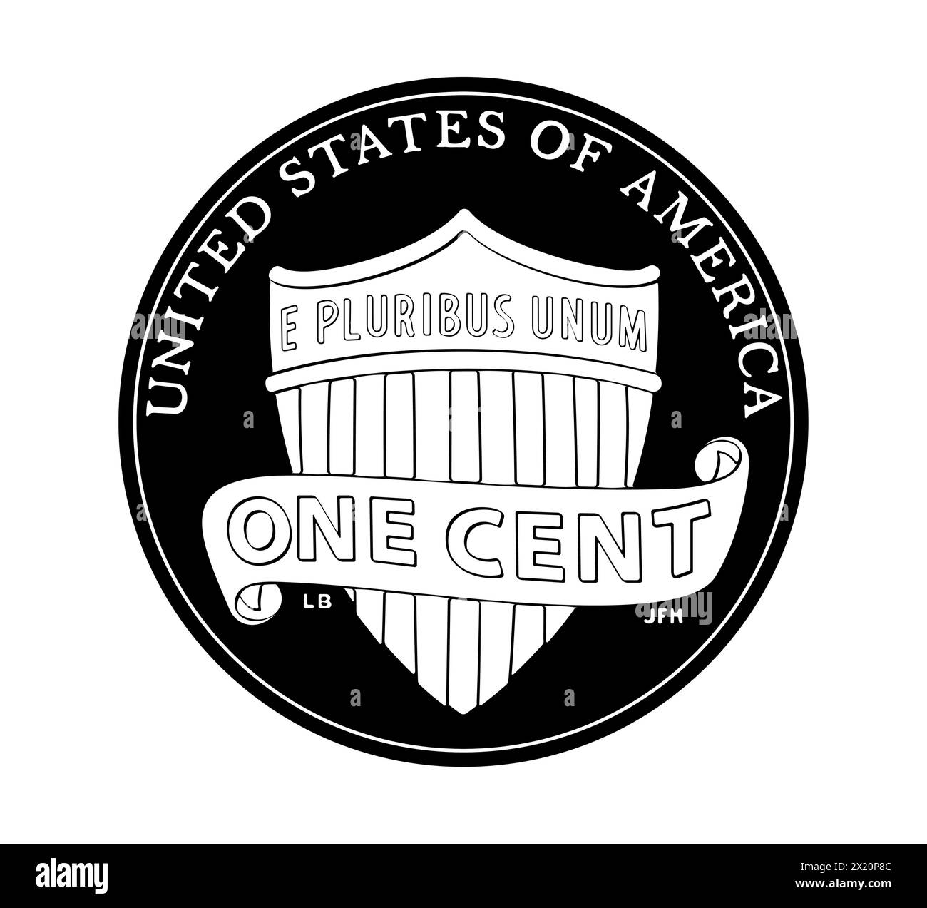 Vektor-amerikanisches Geld, eine Cent-Münze, 2010-2024. Die Münze ist schwarz-weiß dargestellt. Vektorabbildung. Stock Vektor