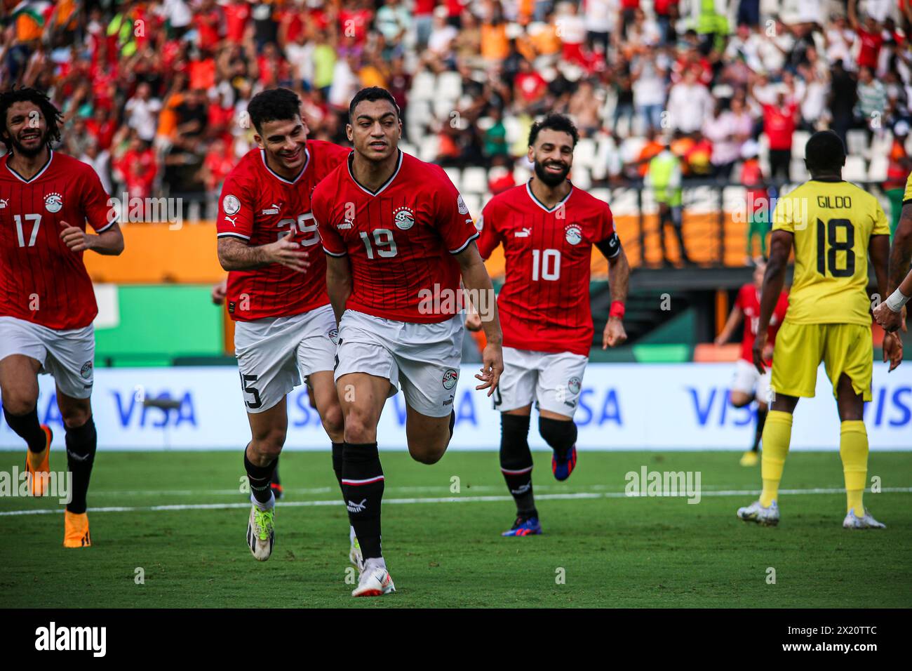 ABIDJAN, ELFENBEINKÜSTE – 14. JANUAR; Amed Sayed, Mostafa Mohamed, Mohamed Salah und Hamdi Fathi aus Ägypten während des TotalEnergies Caf Africa Cup of N Stockfoto