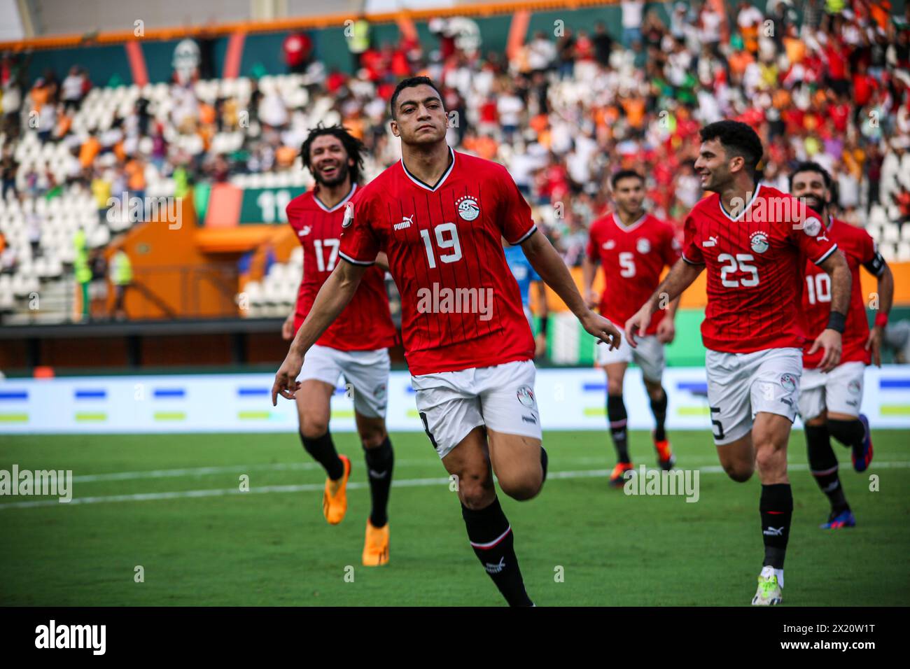 ABIDJAN, ELFENBEINKÜSTE – 14. JANUAR; Amed Sayed, Mostafa Mohamed, Mohamed Salah und Hamdi Fathi aus Ägypten während des TotalEnergies Caf Africa Cup of N Stockfoto