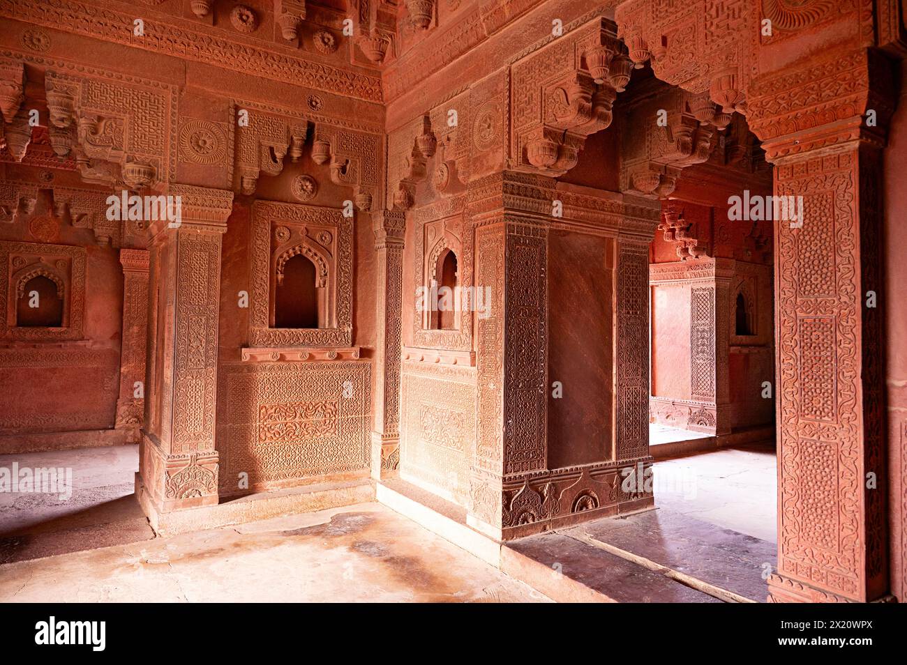 Innenräume, Raja Birbal's House, Fatehpur Sikri, Uttar Pradesh, Indien Stockfoto