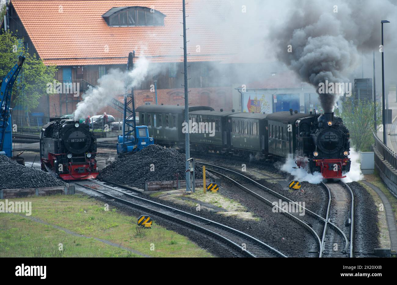 Harzer Schmalspurbahnen; historischer Zug verlässt den Bahnhof in Werningerode, Harz, Sachsen-Anhalt, bei Vollgas Stockfoto