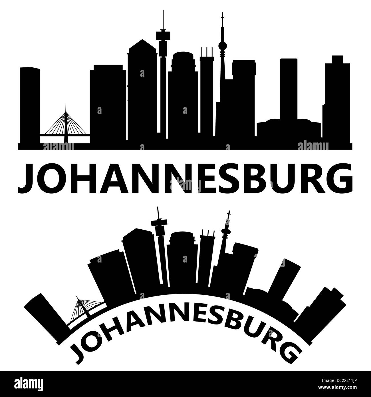 Skyline-Silhouette der Stadt Johannesburg Südafrika. Skyline-Schild von Johannesburg. Landschaftsdesign. Flacher STYLE. Stockfoto