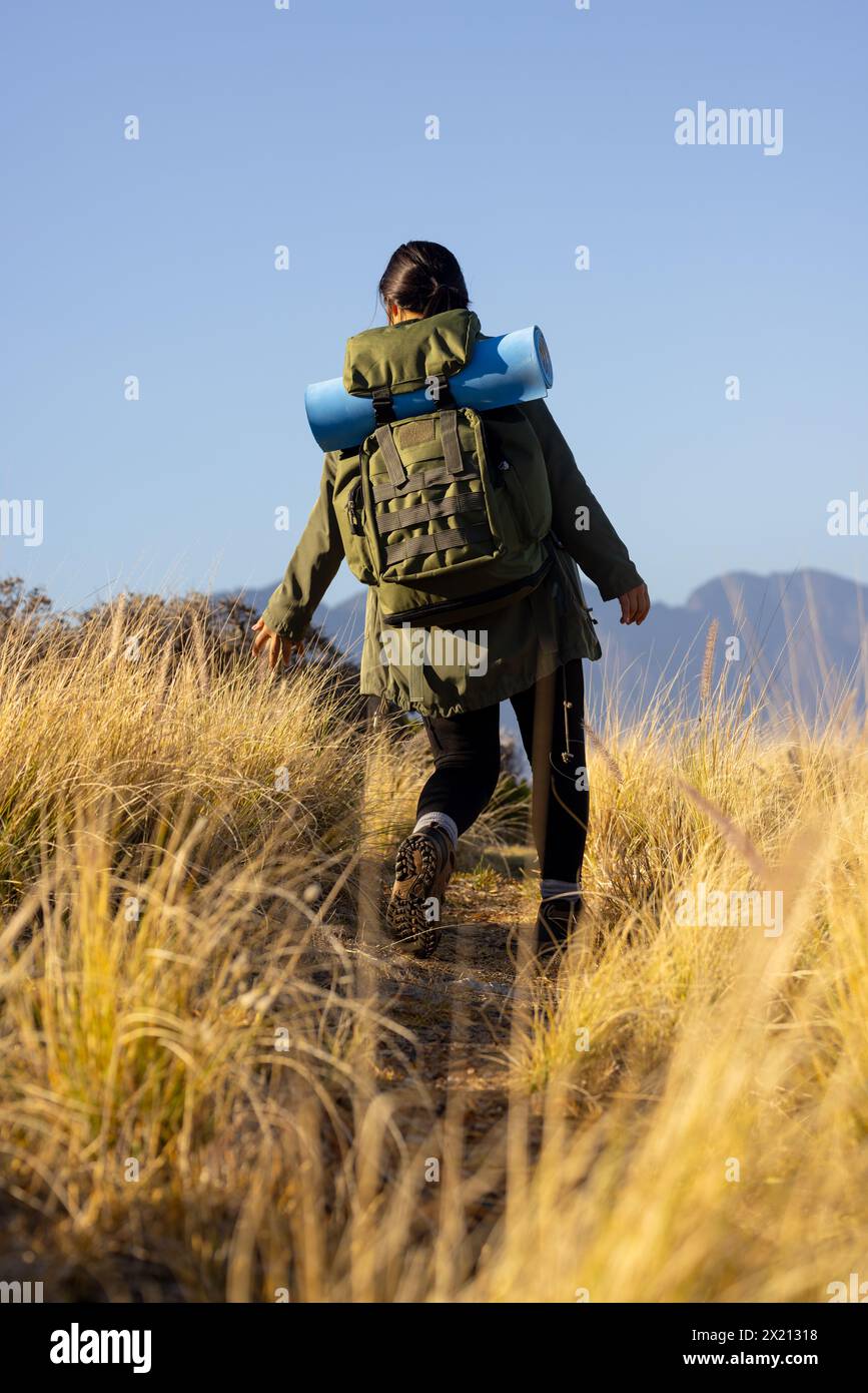 Birassische Wandererin, dunkelhaarig, im Rucksack, schreitet durch hohes Gras, Kopierraum Stockfoto