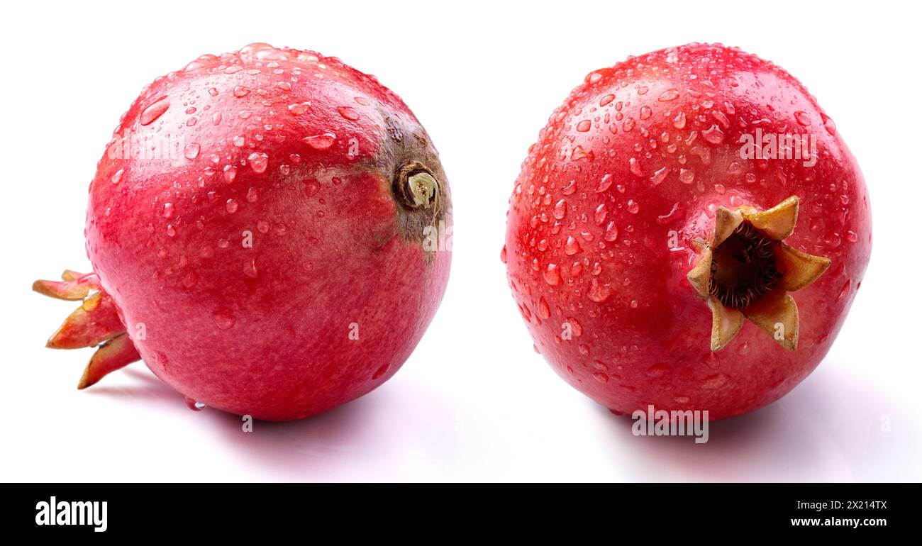 Granatapfel mit Scheibe und Blatt isoliertem weißem Hintergrund Stockfoto