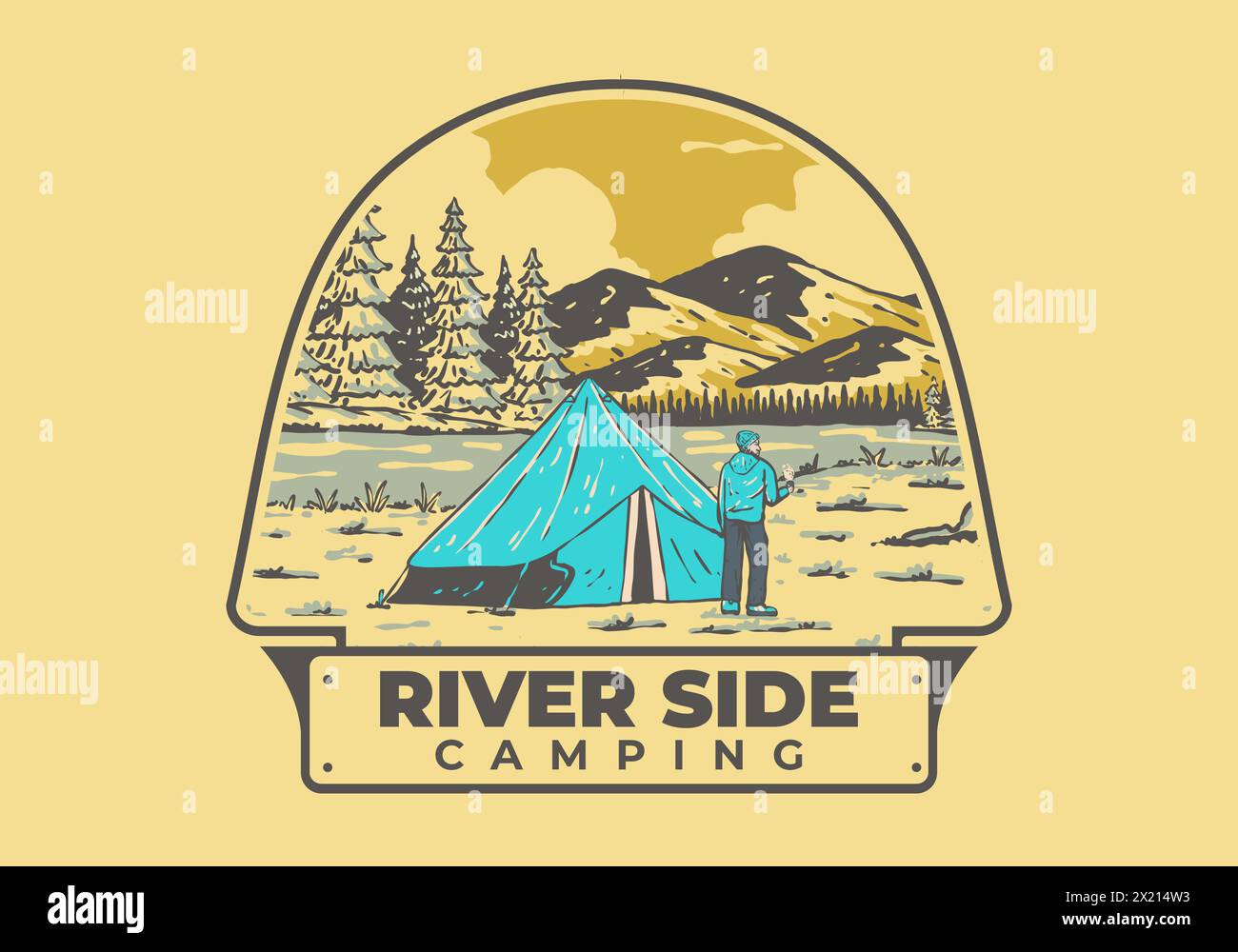 Camping am Fluss. Vintage-Design mit Illustrationen für den Außenbereich Stock Vektor