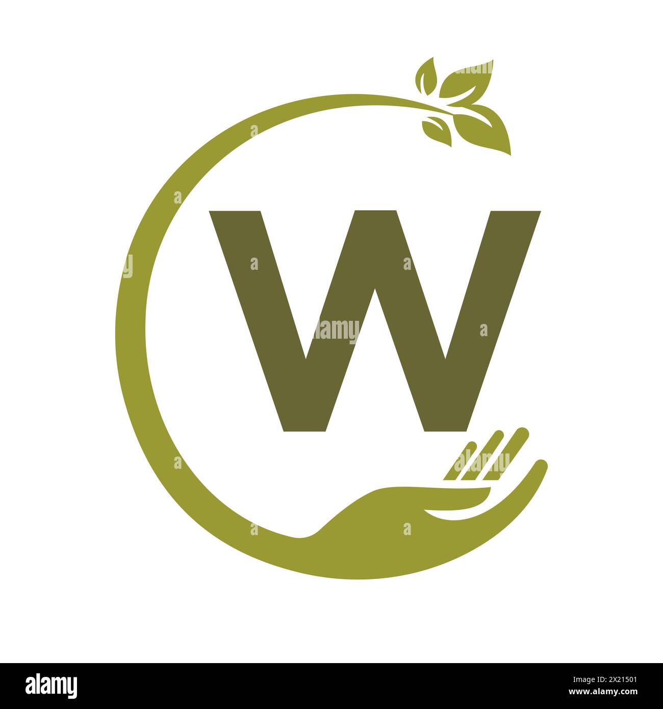 ECO-Logo auf Buchstabe W Concept mit Hand- und Blattsymbol. Recycling-Schild Stock Vektor