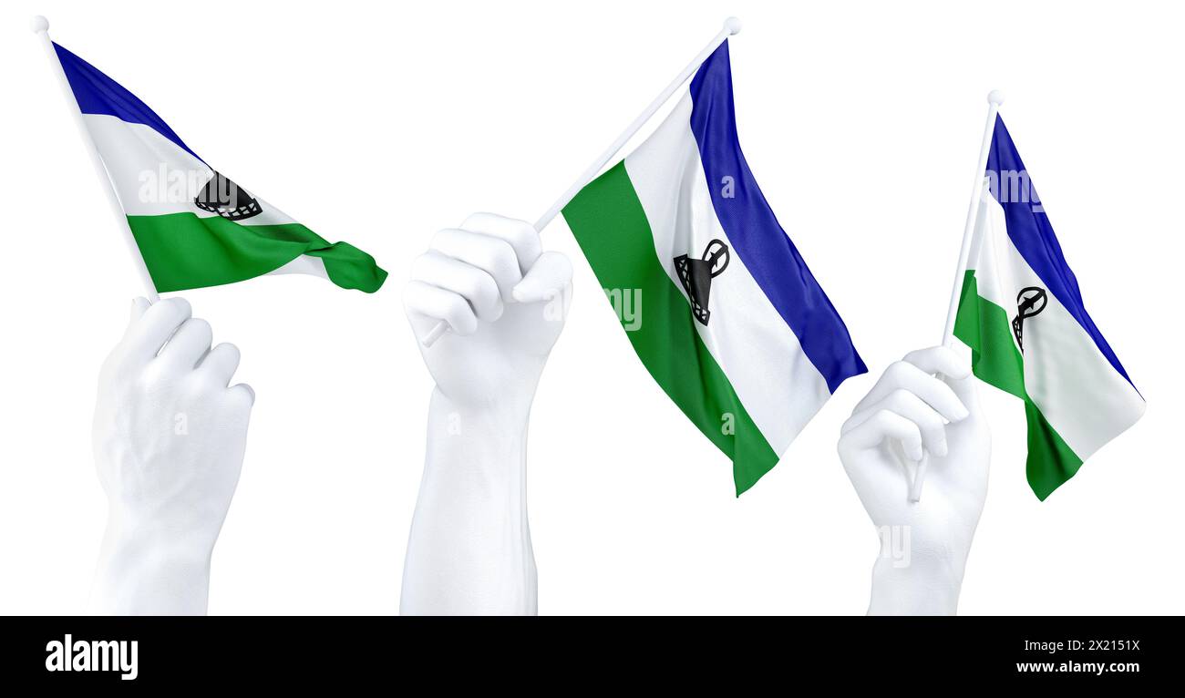 Drei isolierte Hände schwenken Lesotho-Fahnen, symbolisieren nationalen Stolz und Einheit Stockfoto