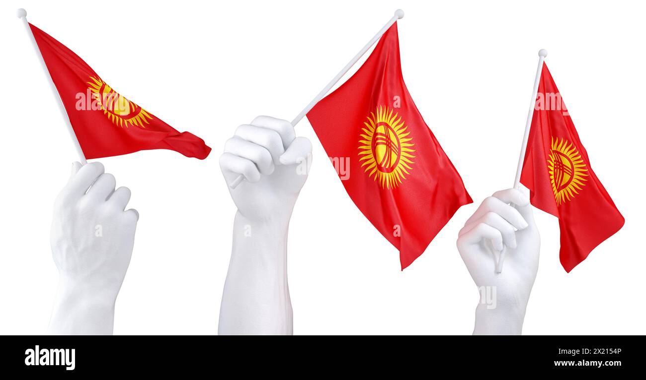Drei isolierte Hände schwenken kirgisistanische Fahnen, symbolisieren nationalen Stolz und Einheit Stockfoto