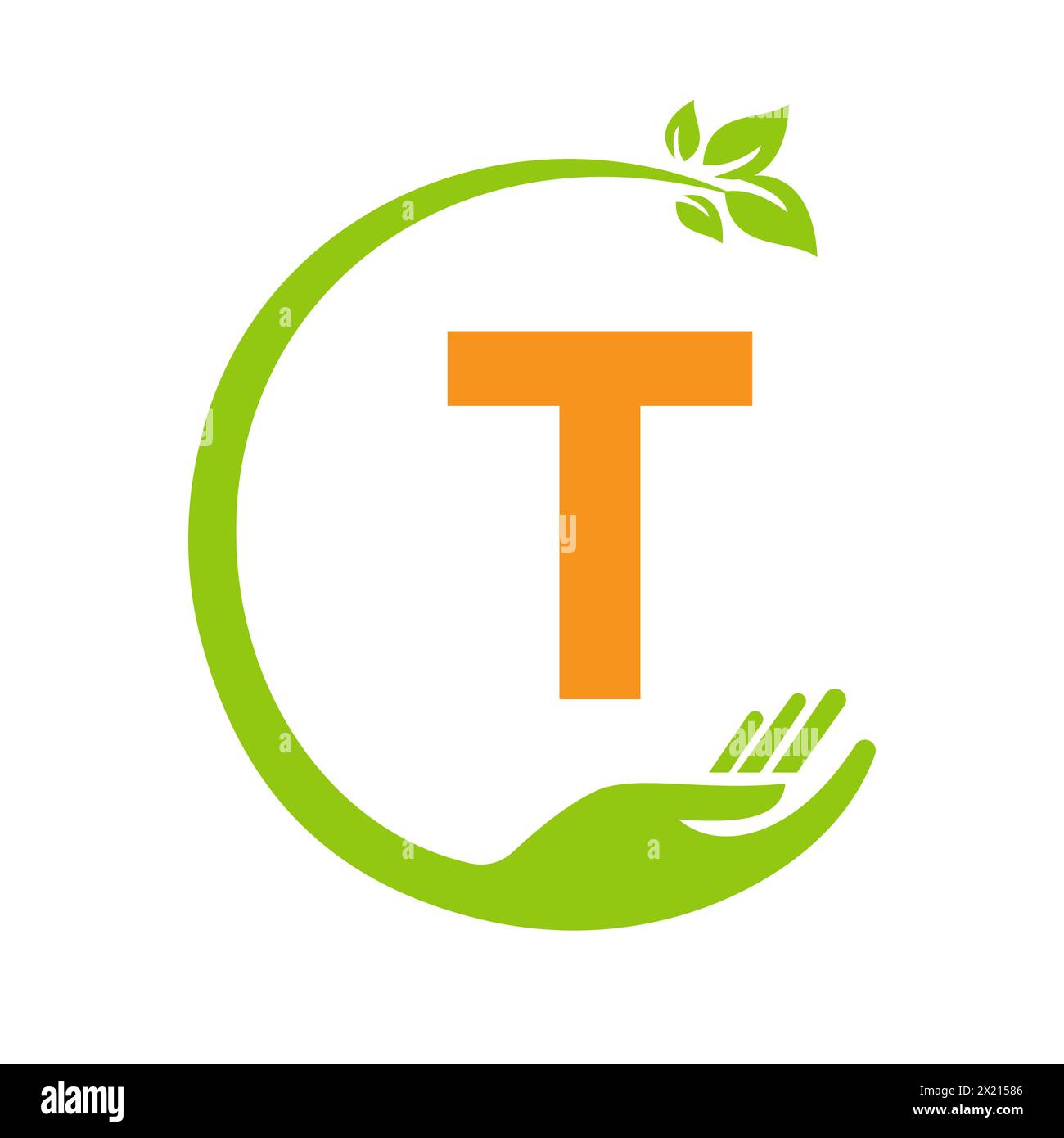 ECO-Logo auf Buchstabe T Concept mit Hand- und Blattsymbol. Recycling-Schild Stock Vektor