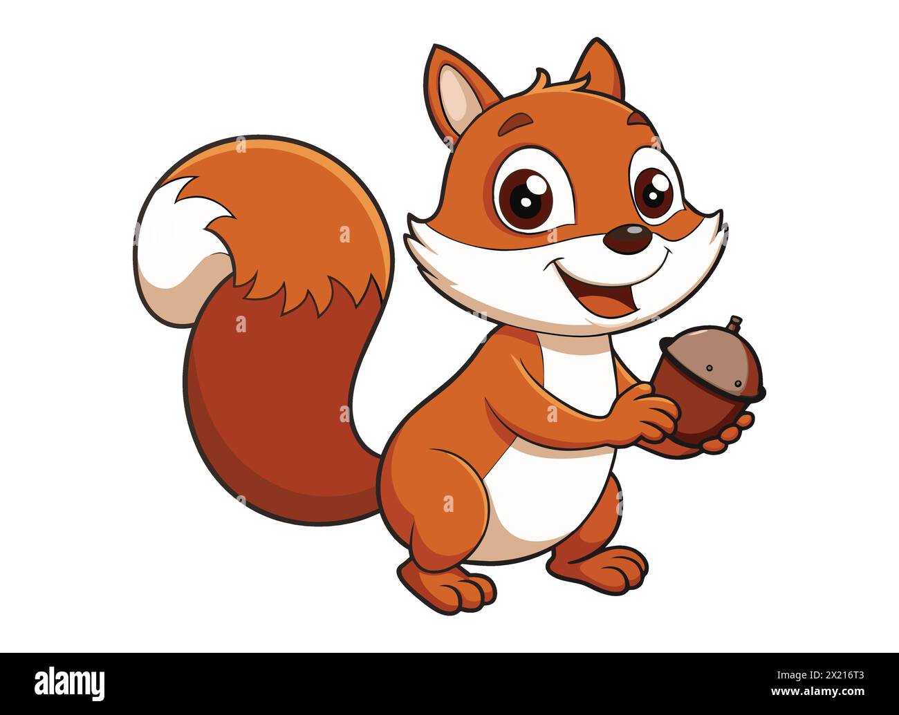Fröhliches Eichhörnchen Mit Acorn. Verspielter Eichhörnchen-Cartoon. Niedlicher Eichhörnchen-Charakter mit Mutter Stock Vektor