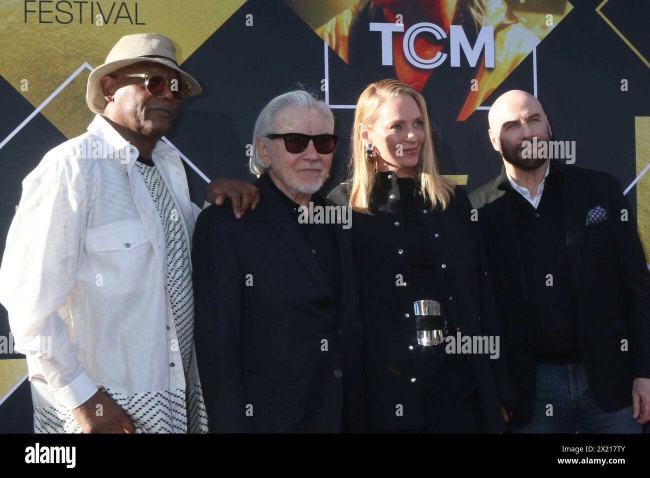 LOS ANGELES – 18. APR: Samuel L Jackson, Harvey Keitel, Uma Thurman, John Travolta bei der Eröffnung des TCM Classic Film Festivals 2024 – 30. Annivers Stockfoto