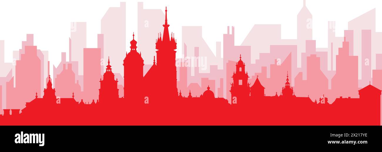 Rotes Poster mit Panoramablick auf die Skyline der Stadt von KRAKAU, POLEN Stock Vektor