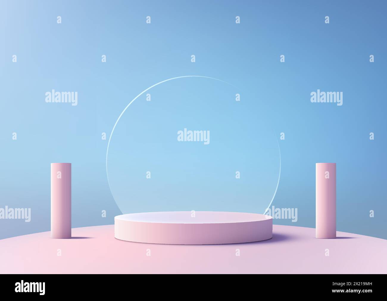 Rundes, pinkfarbenes 3D-Podium mit transparentem Kreis im Hintergrund auf einem rosafarbenen Boden mit zwei Pfosten auf blauem Hintergrund, modernes Konzept, Produktanzeige, Mocku Stock Vektor