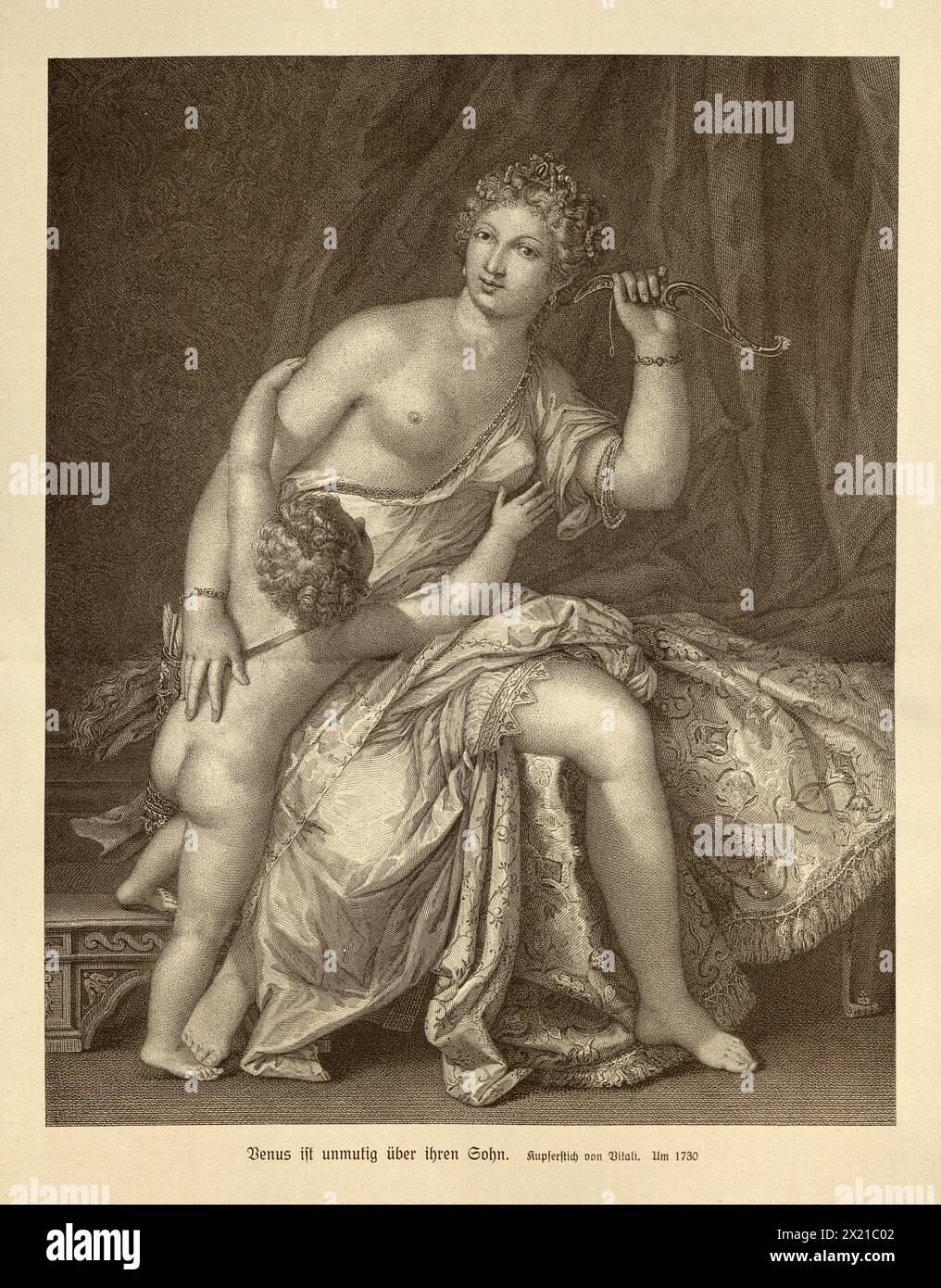 Venus entschärft Amor, Göttin sitzt auf einem Bett und hält einen Bogen hoch, und Amor versucht, die Waffe zu erreichen, Gravur aus dem 18. Jahrhundert Stockfoto