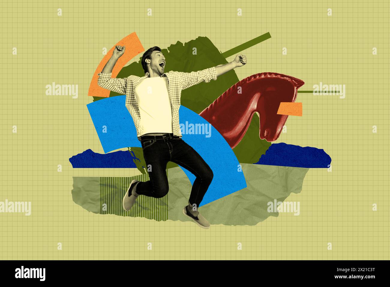 Collage 3D-Bild von Pin-up Pop Retro-Skizze von aufgeregtem Mann spielen Schach Pferd Schachbrett haben Spaß Billboard Comics Zine minimal Stockfoto