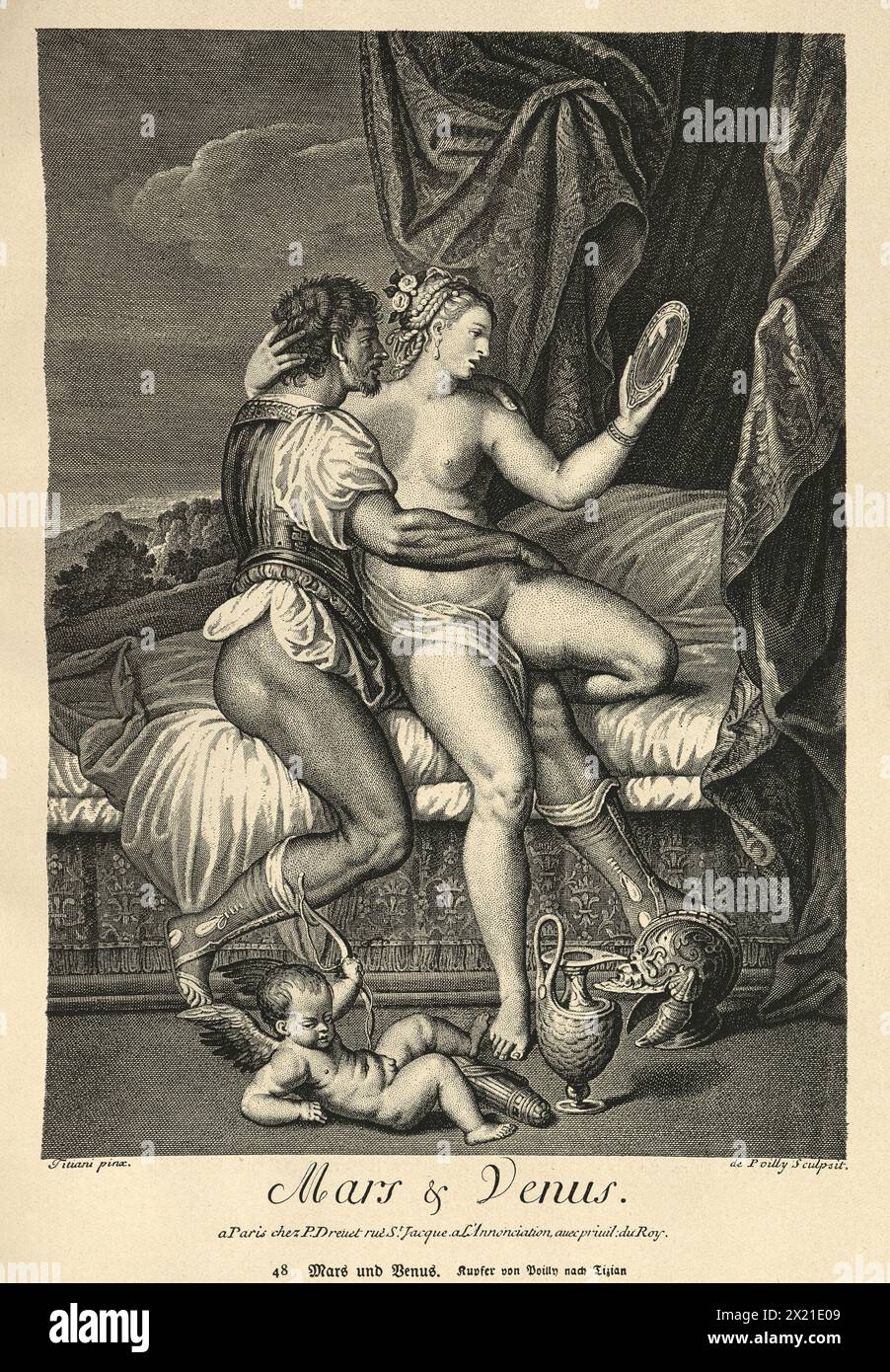 Vintage Illustration, Gott Mars, Göttin Venus und Liebe, Cupid, Mythologie, Kunst Stockfoto