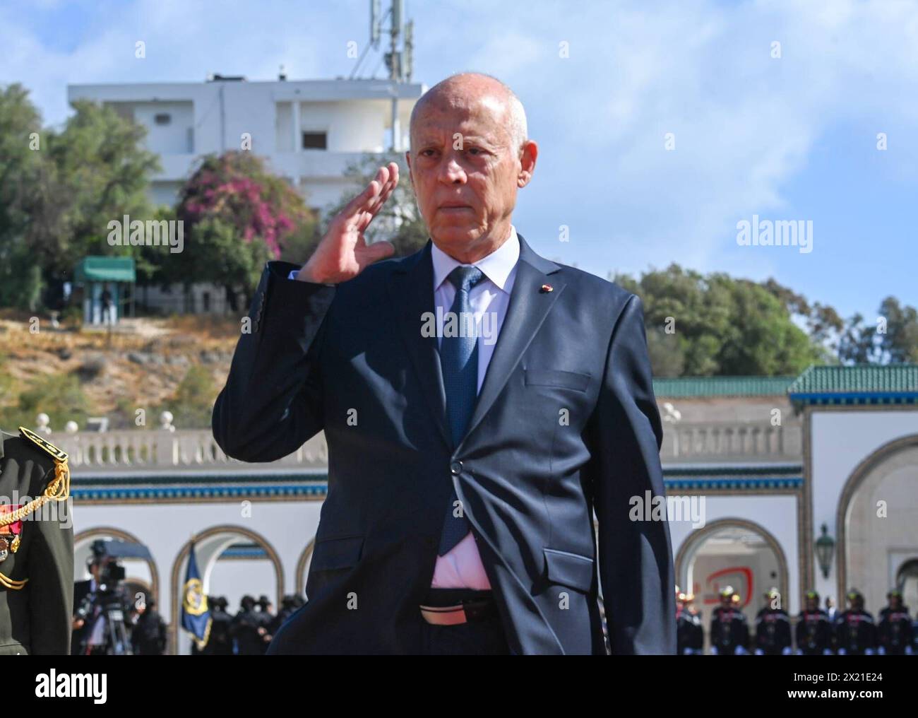 Tunesischer Präsident Kais Saied nimmt am 18. April 2024 an der Feier des 68. Jahrestages des Tages der inneren Sicherheitskräfte in Tunesien Teil der tunesischen Staatspräsident Kais Saied nimmt an der Feier des 68. Jahrestages des Tages der tunesischen Streitkräfte der inneren Sicherheit Teil. Foto: Tunesischer Ratsvorsitz apaimages Tunesien Tunesien Tunesien Tunesien 180424 Tunisia TPO 0024 Copyright: XapaimagesxTunesianxPresidencyxxapaimagesx Stockfoto