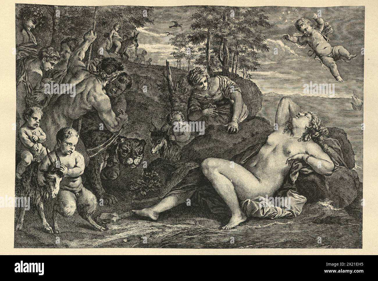 Vintage Illustration das Staunen der Schönheit, nach Luca Giordano Kunst aus dem 17. Jahrhundert Stockfoto
