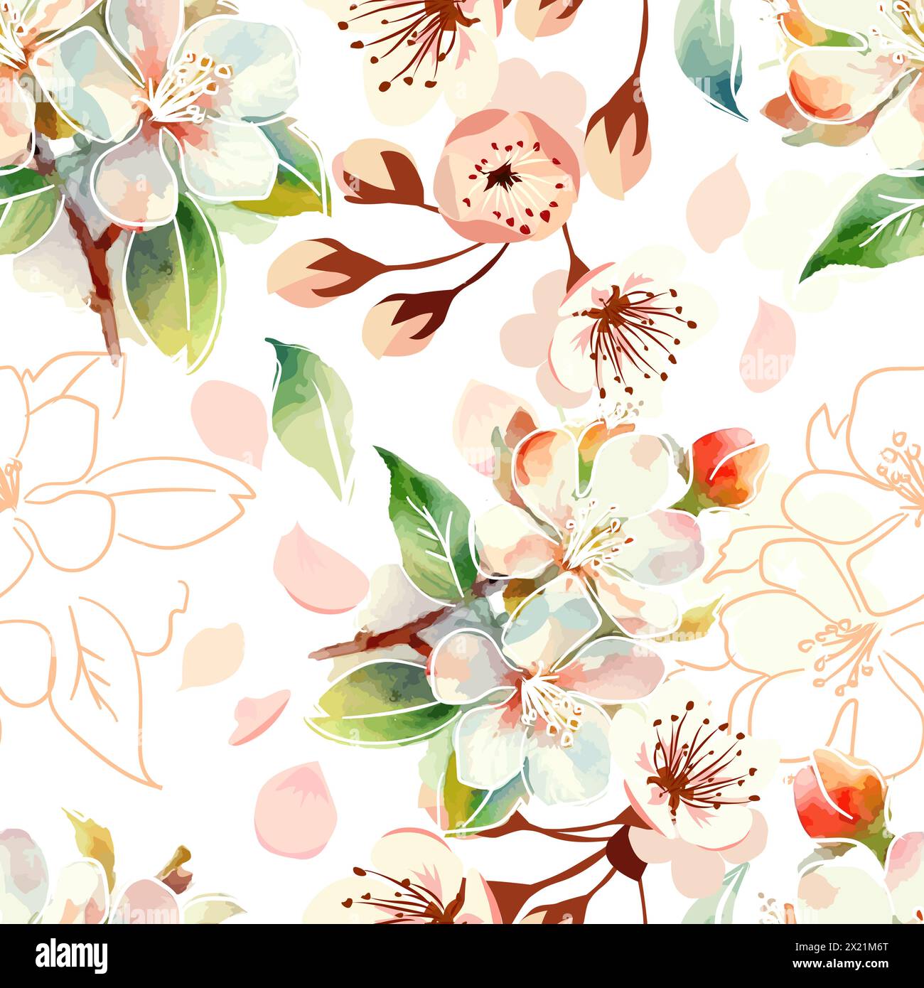 Nahtloses sakura-Muster in Pink. Rosa Weiße Sakura Japanische Kirschblüten. Handzeichnung. Nicht AI. Vektorabbildung Stock Vektor