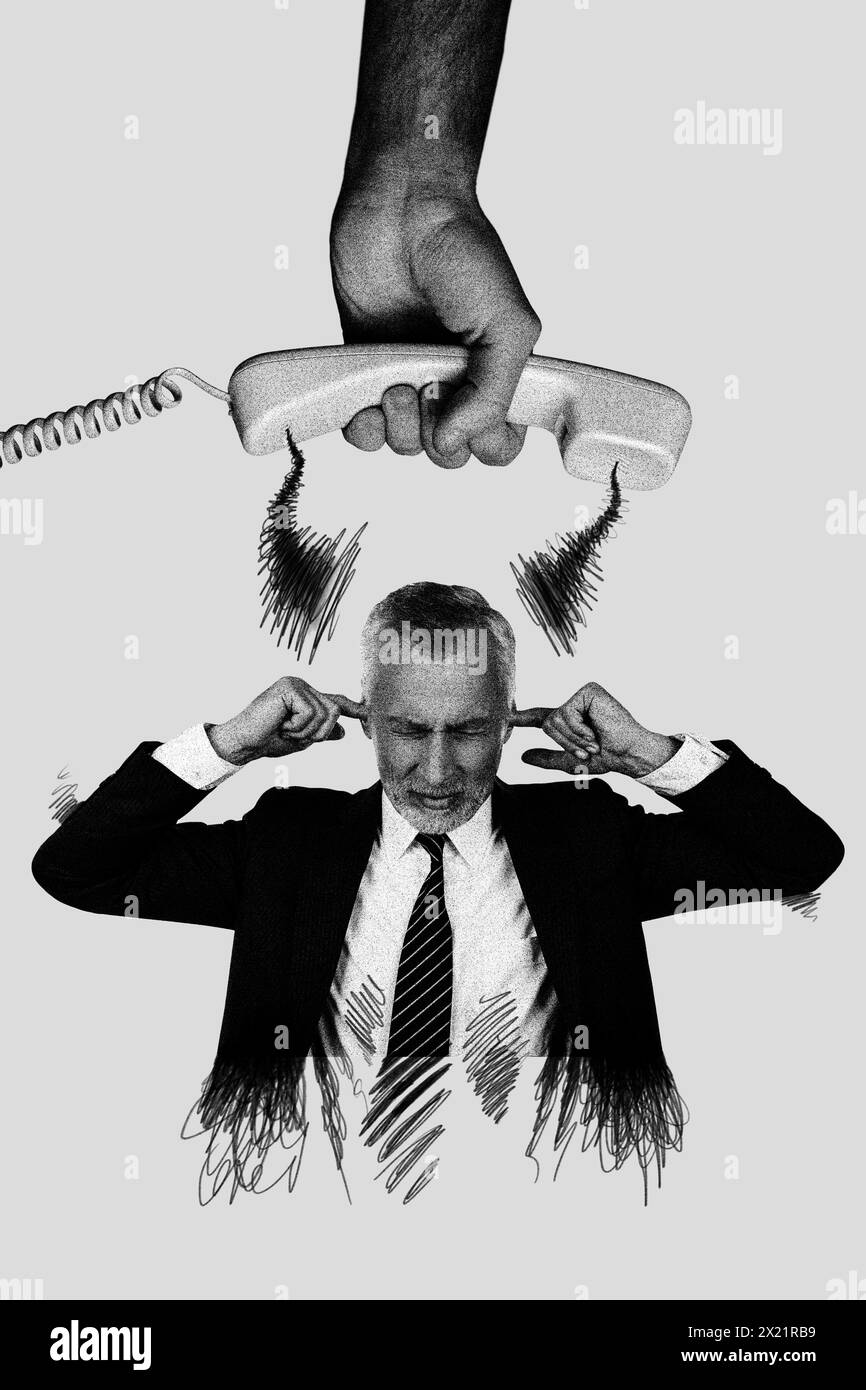 Vertikale Fotocollage des verärgerten Geschäftsmannes geschlossene Ohren Lärm Streik Telefonhörer Anruf Warnung isoliert auf gemalten Hintergrund Stockfoto
