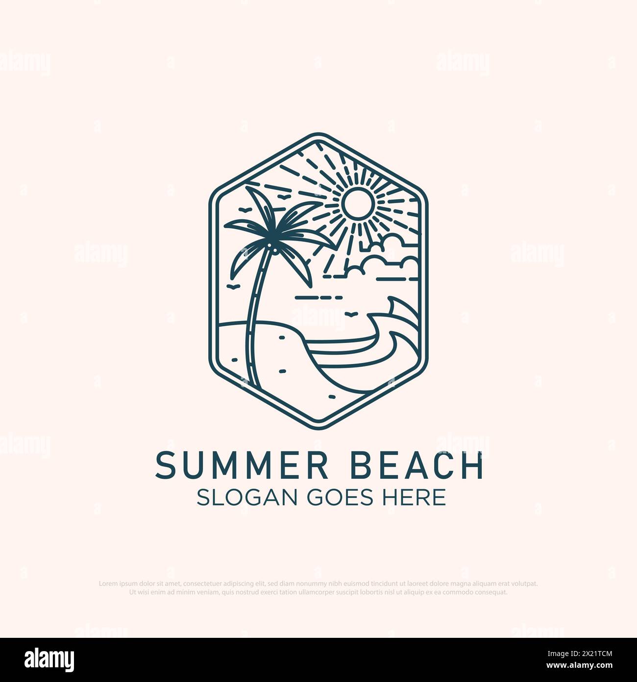 Sunset Beach Logo Design mit Linienart einfache Vektor minimalistische Illustration Vorlage, Sommer Logo Designs Stock Vektor