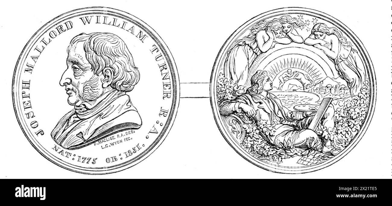 Die Turner Gold Medal, 1864. „Diese Medaille... ist interessant als Teil des öffentlichen Vermächtnisses des großen Malers, dessen Name und Porträt darauf eingraviert sind... die Entwürfe für die Medaille wurden von Mr. D. Maclise, R.A. gemacht. Die Vorderseite trägt ein Porträt von Turners stark markiertem Profil... um den Kopf herum ist die Inschrift: „Joseph Mallord William Turner, R.A., R.A., Nat. 1775, Gebh. 1851." Auf der Rückseite ist ein poetisches Design... Ein junger Maler, mit Palette, Pinseln und Staffelei, auf einen Schild gestützt, liegt zwischen Weinreben- und Lorbeerblättern, verloren in einem berauschteren Rauschen als das Stockfoto