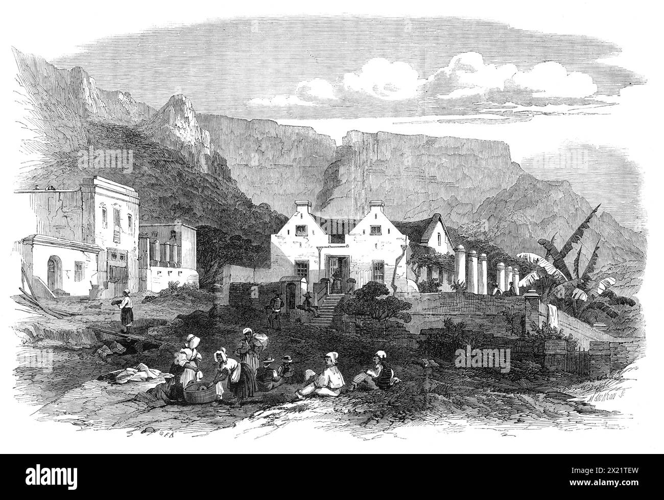 Ein altes niederländisches Haus in Kapstadt, Südafrika, 1864. "Die Holländer, die zuerst das "Land der Hottentot" am Kap der Guten Hoffnung besiedelten, bauten gerne große und substantielle Steinhäuser und umgaben sie mit Alleen und Sträuchern aus Eichen, Kiefern und anderen Bäumen. Unsere Gravur zeigt eines dieser altmodischen niederländischen Häuser in den Vororten von Kapstadt, mit dem Tafelberg und einem Teil des Teufelshügels im Hintergrund. Vor der Gravur ist eine Gruppe einheimischer Waschfrauen zu sehen, die es gewohnt sind, ihre Arbeit außerhalb der Tür zu erledigen, neben jeder Straße Stockfoto