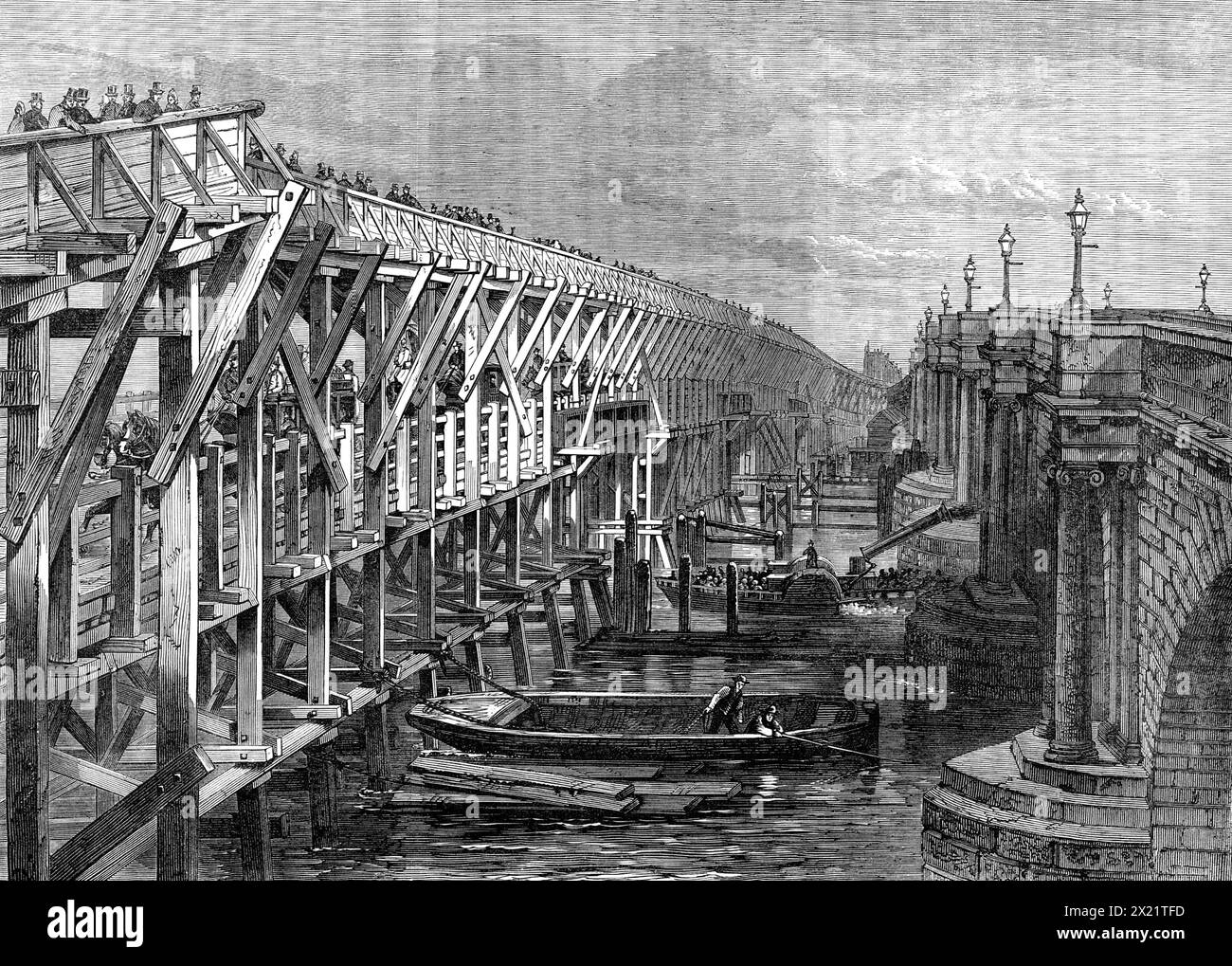Temporäre Brücke über die Themse bei Blackfriars, [London], 1864. "Die alte Blackfriars Bridge, die sich seit einiger Zeit in einem sehr verrückten Zustand befindet, muss rasch wieder aufgebaut werden. und da die Schließung einer so wichtigen Durchgangsstraße mit größter Unannehmlichkeit begangen werden würde, hat die Corporation of the City of London sehr genau entschieden, ein temporäres Gebäude für diesen Zweck zu errichten... seine Position liegt zwischen der neuen Brücke, die gerade für London gebaut wird, Chatham, und die Dover Railway Company, nur ein paar Meter östlich davon, und die alte Blackfriars Bridge Stockfoto