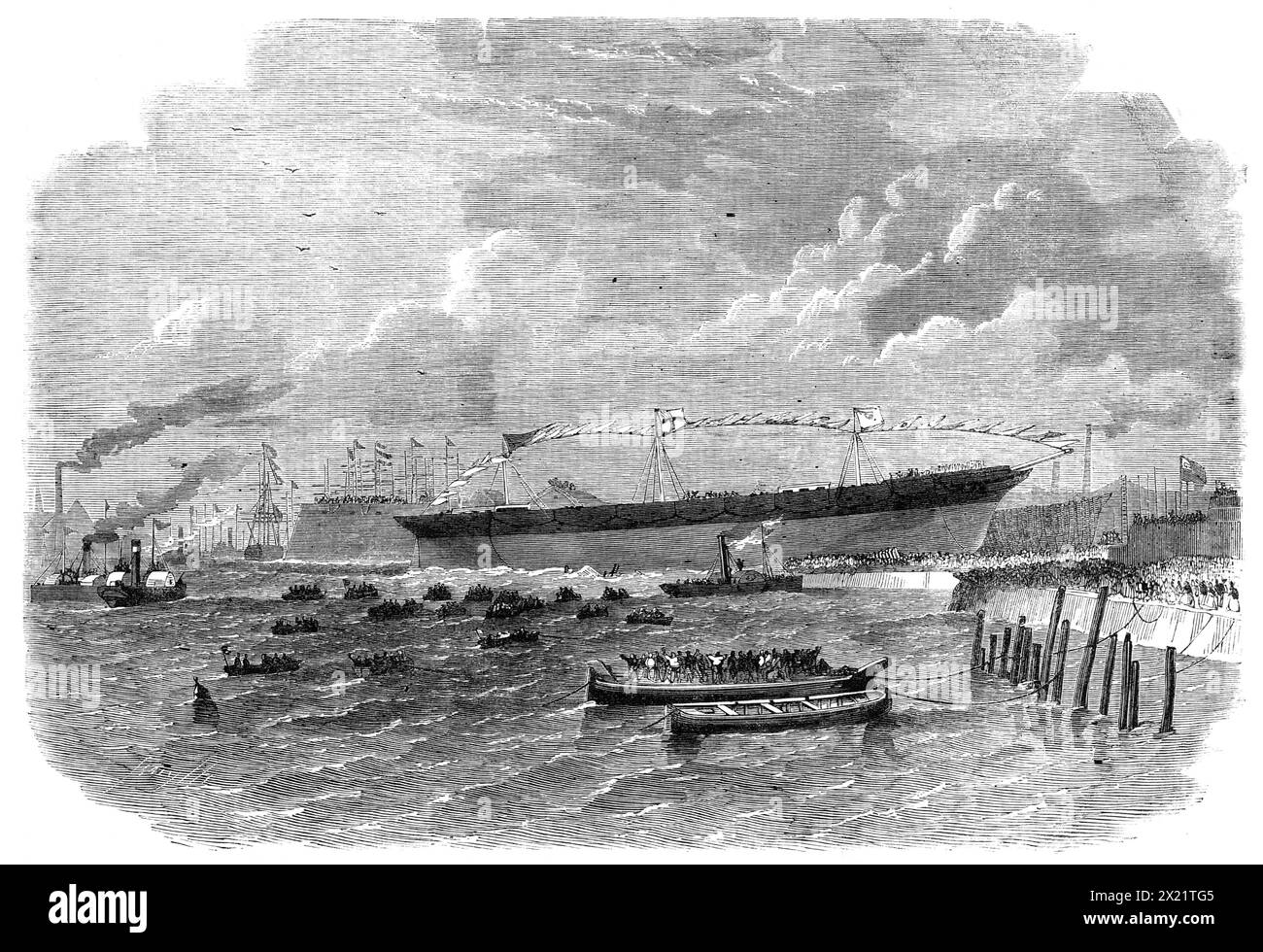 Start des Knight Commander, Dampfschiffs aus Eisen, gebaut in Dublin, 1864. Blick auf das erste große eiserne Schiff, das jemals im Hafen von Dublin gebaut wurde, als sie von ihrer Wiege in die Flut-Gewässer der Liffey gleitete... der Lord Leutnant von Irland, mit einer großen Gruppe angesehener Personen, besuchte bei dieser Gelegenheit den Bauhof von Messrs. Walpole, Webb, und Bewley, North Wall. Die Marchioness von Kildare führte das ladyähnliche Amt der „Taufe“ des jungen Schiffes durch, indem sie eine Flasche Wein an den Bögen zerbrach. Im nächsten Moment die "Hundeduschen" oder Requisiten, durch die die ve Stockfoto