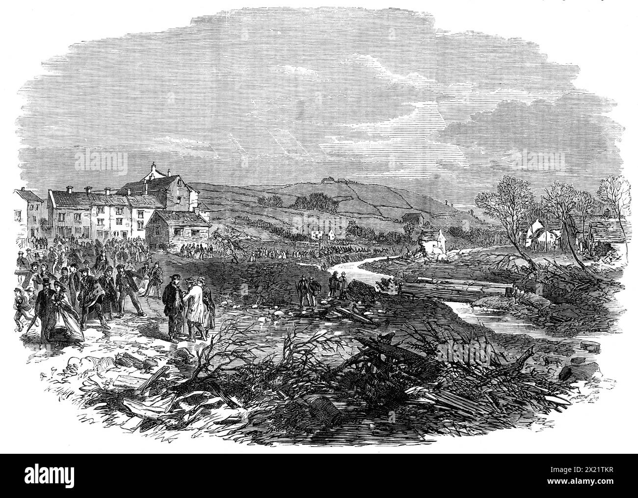 Das Dorf Bradfield in der Nähe von Sheffield, Schauplatz der Spätfluten - nach einer Skizze unseres besonderen Künstlers, 1864. Schauplatz von "A schrecklich disaster...involving, die plötzliche Zerstörung von mehreren hundert Menschenleben... verursacht durch den Platzen des Reservoirs der Sheffield Water Company in Bradfield... dass... die Dicke des Dammes nur 40 Fuß war, obwohl er eine Dicke von 54 Fuß hätte haben müssen... könnten wir versuchen, die plötzliche Ausströmung von 100 Millionen Kubikfuß Wasser durch diesen Kanal zu begreifen, das heißt, zwei Millionen Tonnen Wasser, das alle auf einmal in den Fluss geleitet wurden Stockfoto