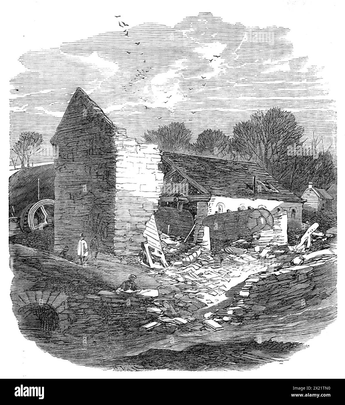 The Flood at Sheffield: Überreste einer Drahtmühle in der Nähe der Malin Bridge, 1864. "Die Untersuchung... hat zu einem Urteil geführt, in dem natürlich erklärt wird, dass der Verstorbene in den Tod kam, indem er in der Überschwemmung ertrank, die durch das Platzen des Bradfield Reservoirs verursacht wurde... und die Jury erklärt ferner ihre Meinung, dass es nicht diese technische Kompetenz und die Aufmerksamkeit für den Bau der Werke gab, die ihre Größe und Bedeutung erforderten; daß die Legislative Maßnahmen ergreifen sollte, die zu einer behördlichen Inspektion aller Werke dieses Charakters führen, und daß diese Inspektion o Stockfoto