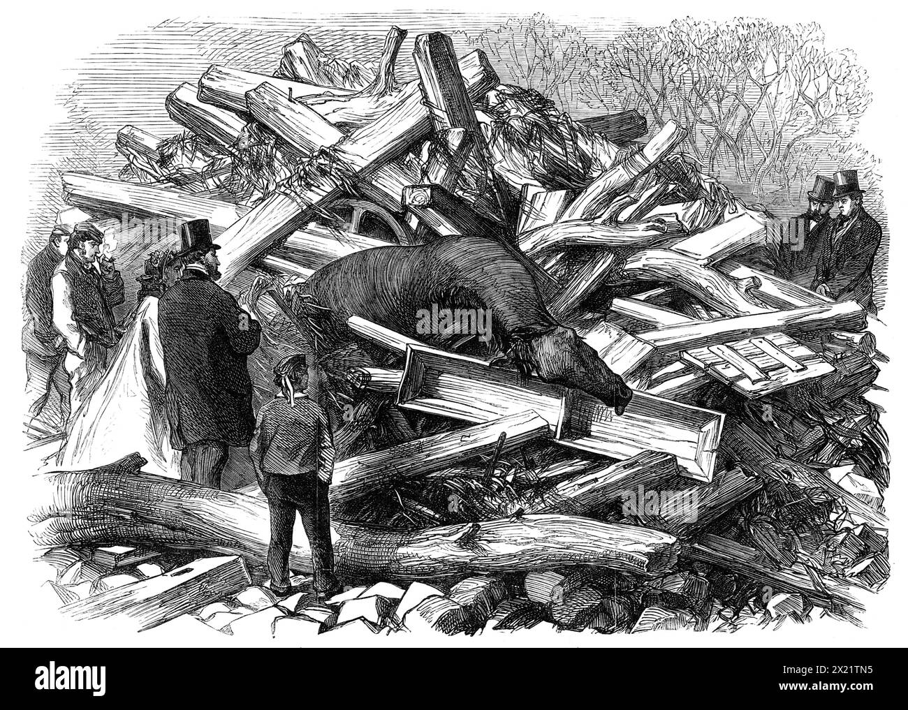 Illustrations of the Flood at Sheffield: Scene in a Garden at Hillsborough, 1864. Gravur aus einer Skizze, die die Auswirkungen des Wassers auf wesentliche Gebäude zeigt und die Holzhaufen, die in einen Garten in Hillsborough getrieben wurden, vom Wrack der Häuser oben... die Untersuchung... hat zu einem Urteil geführt, in dem natürlich erklärt wird, dass der Verstorbene in den Tod kam, indem er in der Überschwemmung ertrank, die durch das Platzen des Bradfield Reservoirs verursacht wurde... und die Jury erklärt weiter ihre Meinung, dass es nicht diese Ingenieurskunst und diese Aufmerksamkeit für den Bau der Werke gegeben hat Stockfoto