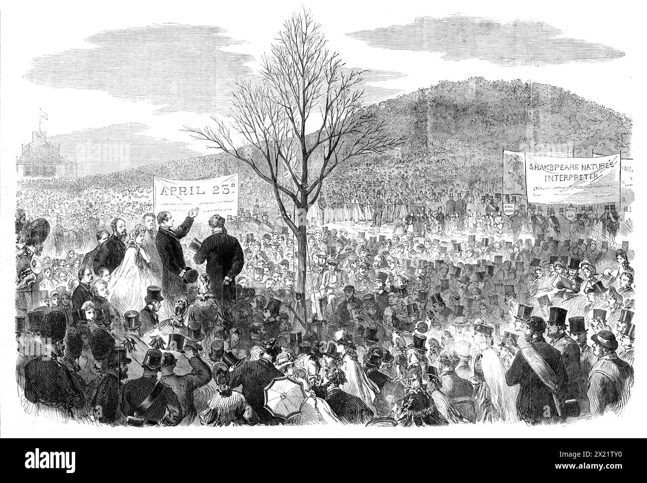 The Shakspeare Commemoration in London: Planting an Oak on Primrose Hill, [London], 1864. Das Komitee der Arbeiter pflanzt eine Eiche '...in zu Ehren des englischen Dichters... Mr Phelps, der populärste englische Shakspearean Schauspieler, hatte zugestimmt, das Büro zu übernehmen... die Südwand des Hügels war mit Menschen bedeckt... Ein großer quadratischer Raum, unterhalb des steilen Anstiegs, war mit einem Eisengeländer verschlossen und für diejenigen reserviert, die ihren Schilling bezahlten, um hineinzugehen... Mr. George Cruikshank... trug seine Freiwilligenuniform... aber Mr. Phelps, der zu Recht ein Favorit der Londoner Arbeiter ist, die es haben Stockfoto