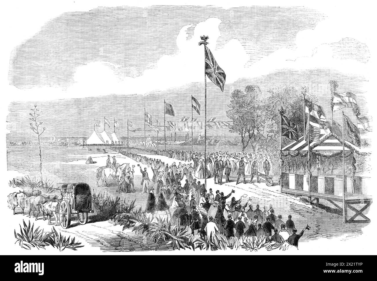 1864 wurde der erste Rasen der Buenos Ayres Great Southern Railway gedreht. Die Strecke wird von der Hauptstadt nach Chascomus führen, eine Länge von 75 Meilen...ihr Bau wurde den Herren Peto und Betts nicht vertraut...der Boden, auf dem der „erste Spatenstich“ der neuen Bahn gedreht wurde, ist der Ort des Bahnhofs. Zur Mittagszeit war eine zahllose und brillante Versammlung anwesend. Präsident Mitre, mit Senor Saavedra, Gouverneur der Provinz, Dr. Rawson, Premierminister... dem britischen Minister und den anderen ausländischen Diplomatisten... nach einer kurzen Rede von Stockfoto