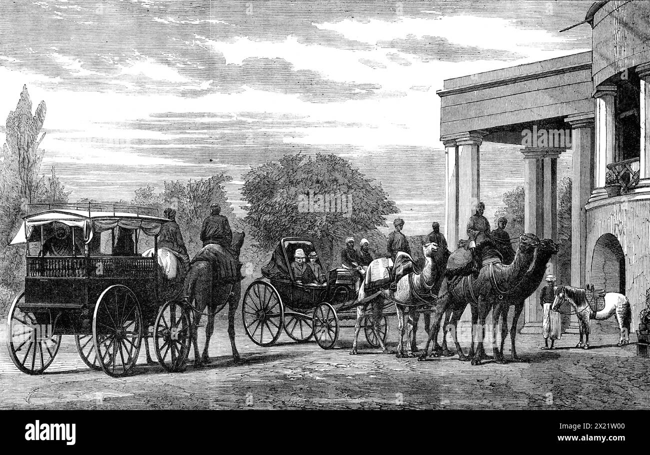 Kamelwagen, benutzt vom Vizegouverneur des Punjaub, [Indien], 1864. Gravur einer Fotografie von Howard, Shepherd und Bourne aus Kalkutta, aufgenommen im Regierungshaus, Lahore... stellt die Kamelkutsche im Besitz von Sir Robert Montgomery, dem Vizegouverneur des Punjaub, dar. Als Mittel zur Fahrt über die Sandebenen im Punjaub und vor allem entlang der Grenze dieser Provinz, wo gute Straßen knapp sind, erweisen sich Kamele gezogene Kutschen als sehr nützlich. Diese Tiere reisen in einem leichten Trab und werden 40 Meilen am Tag fahren Stockfoto