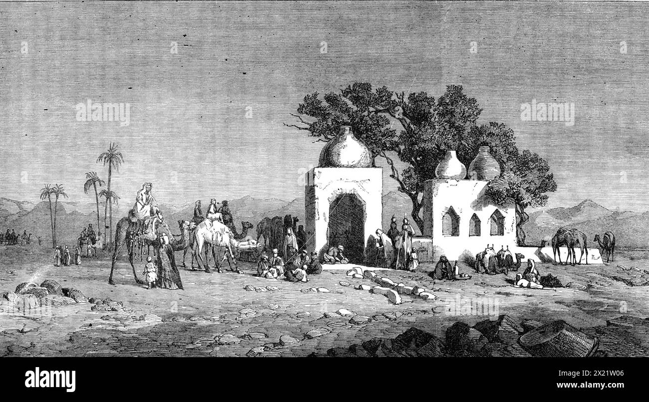 „Caravan Aring at A Well near Theben, Ägypten“, Mrs. Roberton Blane [sic], Female Artists Exhibition, 1864. Gravur eines Gemäldes, das zeigt, dass Damen, die sich oft als die abenteuerlichsten Reisenden erwiesen haben, an der allgemeinen Neugier teilhaben, die den alten und noch geheimnisvollen Osten respektieren. Die Szene vor uns ist eine der wells...in Viertel der alten ägyptischen Ruine Hauptstadt, nahe dem... Rand der Wüste. Diese Brunnen sind für Reisende sehr willkommen...fast jeder Sinn ist erfreut über diese kleinen Oasen: Das Auge ist erleichtert, wenn man ein paar sieht Stockfoto