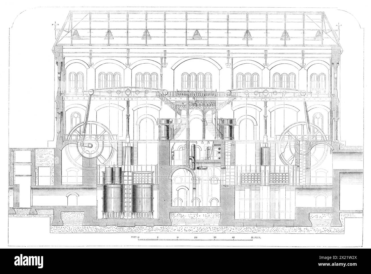 Die Metropolitan Main-Drainage Works: Maschinen zum Heben des Abwassers, 1864. Diagramm des Ausfalls des südlichen Systems bei Crossness, zwei Meilen unterhalb von Woolwich... die Gebäude enthalten Motoren, Kessel und andere Maschinen, die mit dem großen Pumpwerk verbunden sind. Das Maschinenhaus... hat beträchtliche architektonische Anmaßungen, die Details der Teile, die dem Auge nahe kommen, wie die Eingangstüren auf der Flussseite und andere Teile, mit fein geschmiedeten Formteilen und anderen Details... und in ihm wurden Motoren mit 500-PS-Kraft errichtet, um LIFE zu nutzen Stockfoto