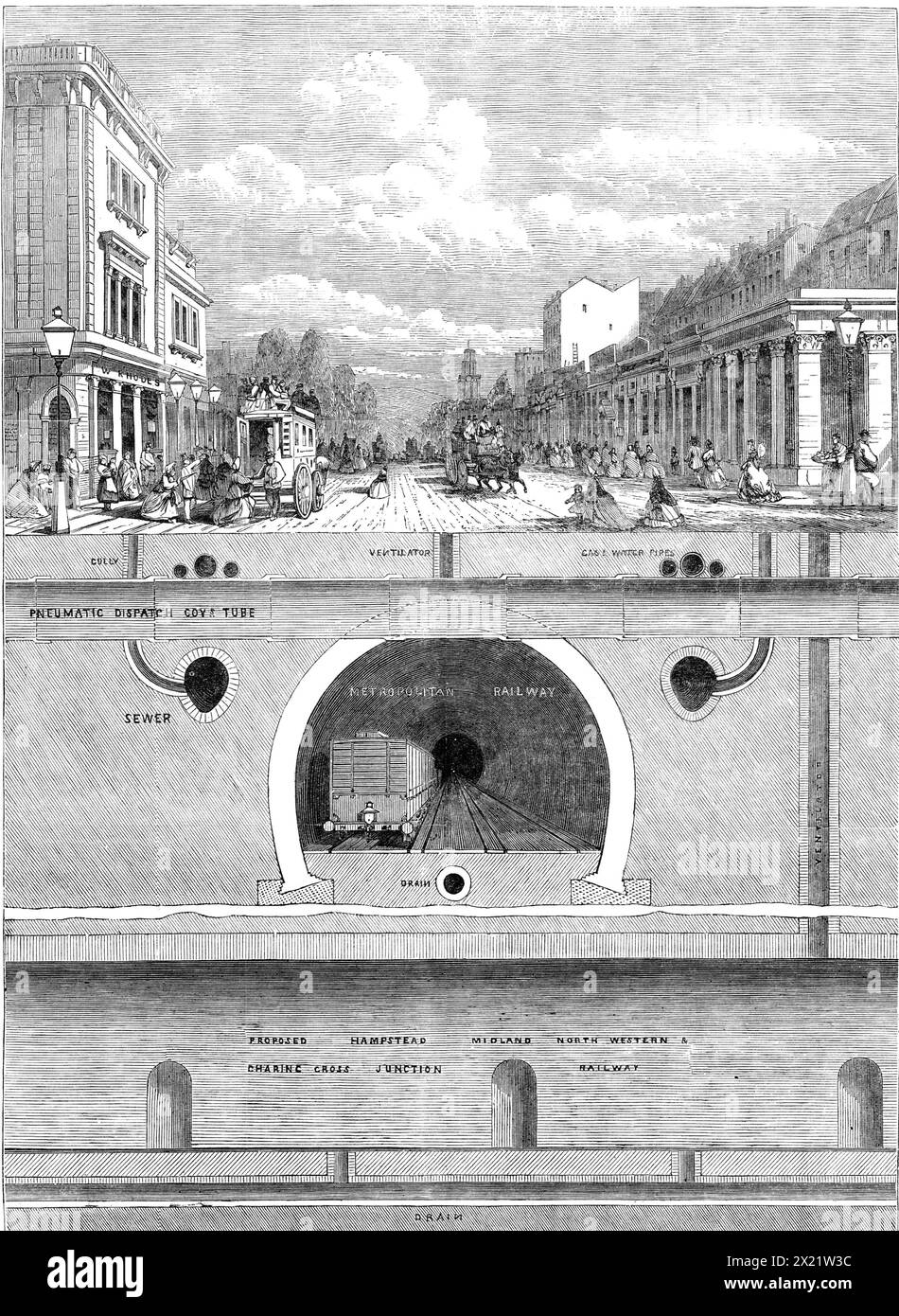 Unterirdische Arbeiten an der Kreuzung von Hampstead-Road, Euston-Road und Tottenham-Court-Road, 1864. Ansicht, die zeigt, welche umfangreichen unterirdischen Werke in verschiedenen Teilen Londons gebaut werden, die aber auf der Oberfläche nicht zu sehen sind. und deren Existenz ist wahrscheinlich einem sehr großen Teil der Bewohner unbekannt... täglich über die Stätte zu laufen... die Linien verschiedener Werke kreuzen sich [hier]. Es gibt zunächst direkt unter der Straßenoberfläche einen doppelten Satz von Leitungen und Leitungen für die Versorgung von Wasser und Gas. Unter diesen Pässen, quer, das Stockfoto