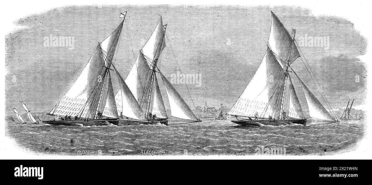 The Yacht Matches in the Thames: Prince of Wales Yacht Club, 1. Juni: Das Rennen vor East Tilbury, 1864. Dudu, Alexandra, Torheit. Der Kurs war von Erith zum Chapman Head und zurück. Der Wind war östlich und das Wetter war gut, als sie an Gravesend vorbeikamen, etwa halb zwei am Nachmittag, Folly war dann weit voraus, Alexandra als nächstes, Dudu vielleicht 400 Meter östlich... Folly gewann jetzt zuerst schnell; dann begann Dudu, und in der unteren Hoffnung kam sie an Alexandra vorbei und rannte zu Folly, die vielleicht ihr großes Topsegel zu lang trug, der Wind war jetzt frisch und hatte ein mildes Meer Stockfoto