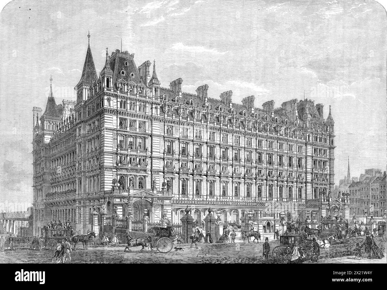 Bahnhof Charing-Cross und Hotel, 1864. "Dieses Gebäude... liegt von der öffentlichen Straße des Strands... Ein Vorplatz ist also für die Unterbringung des Kutschenverkehrs übrig... es gibt eine Polizeiloge an jedem der Haupttoren... das Kutschtor hat einen Säulengang, der dem Säulengang ähnelt, mit seinen roten Granitsäulen, Basen aus grauem Granit und hübsch geschnitzte Kapitelle... Dies ist eines der ersten Gebäude in London, in denen Terrakotta so häufig verwendet wurde... es gibt eine Art Veranda oder verglastes Dach, mit einem ornamentalen Eisenkamm, um den Bürgersteig zu bedecken Stockfoto