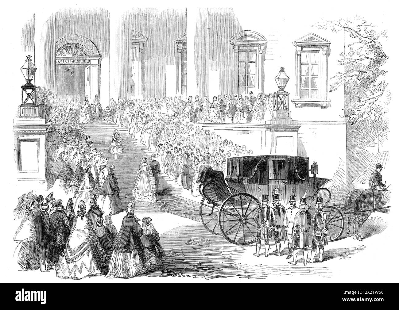 Heirat des Grafen von Paris mit der Prinzessin Isabelle d’Orleans: Die Rückkehr nach Claremont, 1864. "Louis Philippe Albert d'Orleans, Graf von Paris, Sohn des Herzogs von Orleans und Enkel von König Louis Philippe, war verheiratet mit seiner Cousine Prinzessin Maria Isabella Francesca d'Assisi, Tochter des Herzogs von Montpensier, und die Nichte, an der Seite ihrer Mutter, an die Königin von Spanien... nach der Zeremonie... stiegen der junge Graf und die Gräfin de Paris in ihre Kutsche, um nach Claremont zurückzukehren, inmitten aller Arten von festlichen Demonstrationen - Anfeuern, Kanonenfeuern und Glockenläuten - i Stockfoto