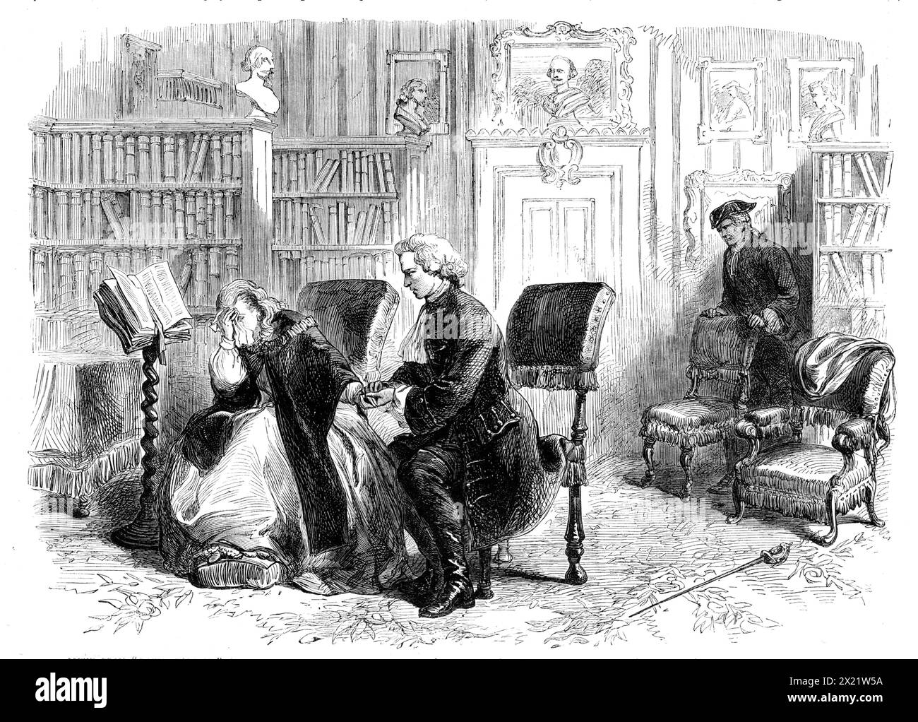 Szene aus David Garrick im Haymarket Theatre: Garrick (Mr. Sothern) bittet Ada Ingot (Miss Moore), zu ihrem Vater zurückzukehren, 1864. Londoner Bühnenproduktion. Diejenigen unserer Leser, die neugierig sind, wie Mr. Sothern aussieht, nachdem er seinen Schnurrbart entfernt hat... werden sich für die Gravur des neuen Stücks von "David Garrick" interessieren. Mr. Sothern, wie alle Spielgäste wissen, nimmt den anstrengenden Teil des großen englischen Schauspielers an... seine Identität ist durch und durch leicht und natürlich. Es mag ein kurioses Kompliment erscheinen, einem Schauspieler zu zahlen, der einen anderen vertritt, zu sagen, dass der Stockfoto