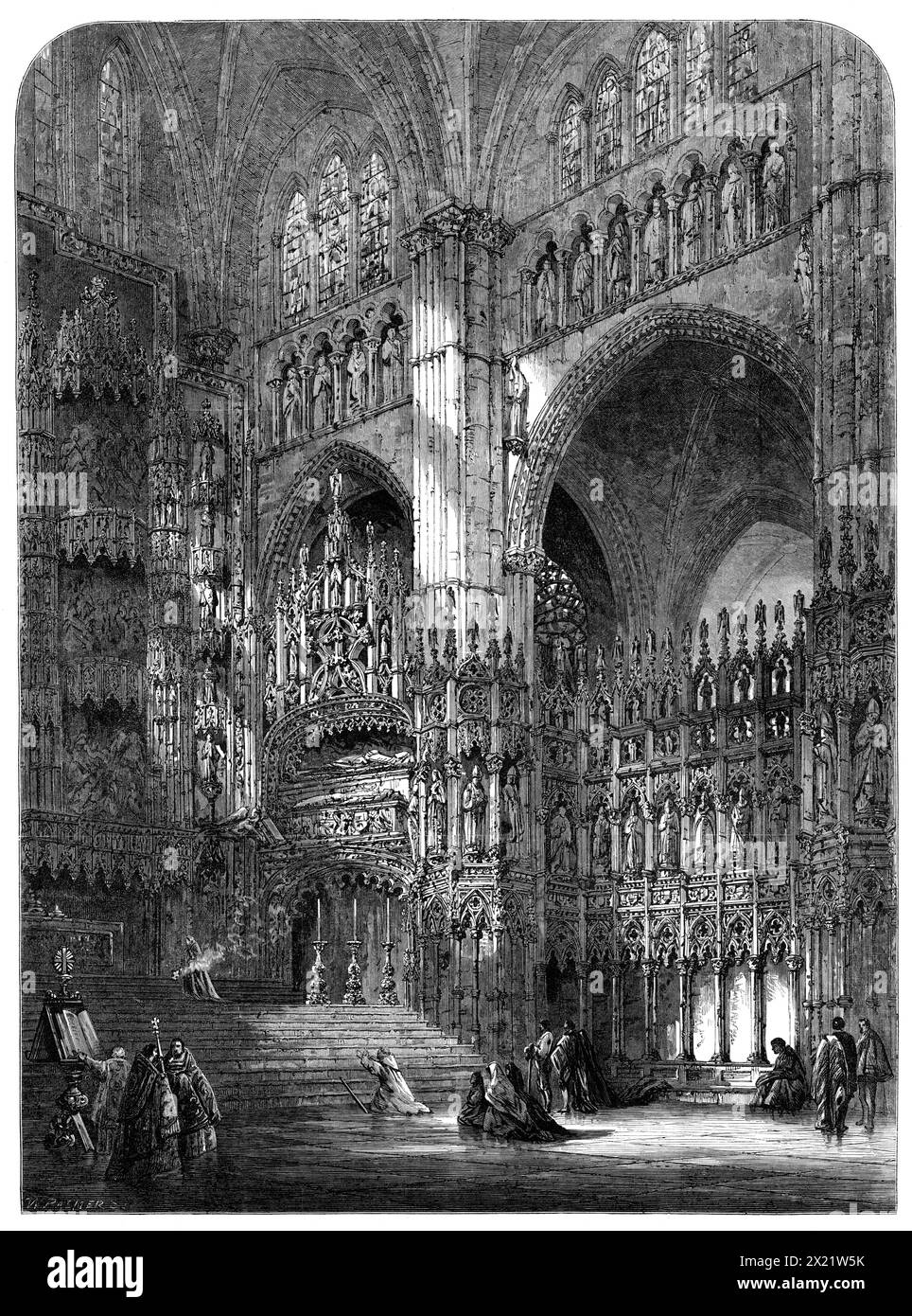 "Kapelle des Hochaltars in der Kathedrale von Toledo" von S. Read, in der Ausstellung der Gesellschaft der Maler in Aquarellen, 1864. Gravur eines Gemäldes. "Der Blick in... das düstere und beeindruckende Innere der großen Kathedrale... wird von dem riesigen Grill genommen, der den Chor vom Querschiff trennt... hier, wie in jedem anderen Teil der Kathedrale, Objekte werden nur durch ein „dimmes religiöses Licht“ gesehen, so der massive Charakter der Architektur und die Menge an Buntglas... nur wenige Frauen, die in ihren Mantillas verkleidet sind, mit einer noch kleineren Zahl Stockfoto