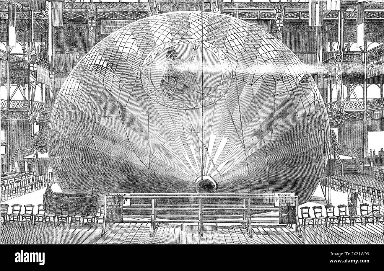 Mr. Coxwells hochrangiger Ballon im Crystal Palace, 1864. Der neue Ballon namens Britannia wurde für Mr. Coxwell und Mr. James Glaisher bei ihren häufigen Aufstiegen gebaut, um die oberen Bereiche der Atmosphäre zu erforschen. Der „Hochlevel Balloon“... wurde von zahlreichen Besuchern des Kristallpalastes mit großem Interesse untersucht, während er vor seiner Erstbesteigung am 11. Juni halb aufgebläht auf dem Boden des westlichen Querschiffs lag. Der Ballon stieg bei dieser Gelegenheit auf eine Höhe von zwei Meilen, und, af Stockfoto