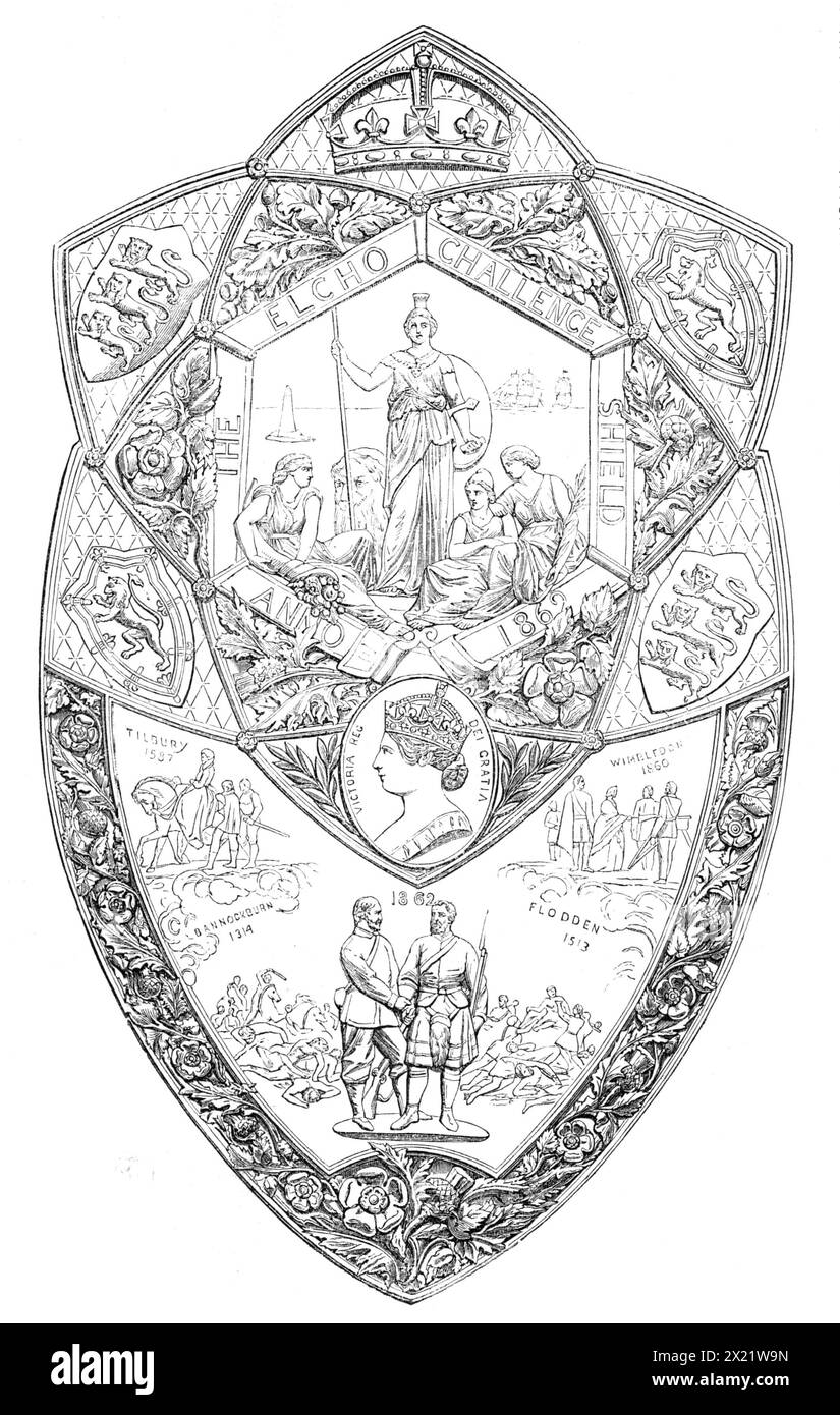 Das Elcho Challenge Shield wird von englischen und schottischen Gewehrfreiwilligen beim Wimbledon Meeting 1865 erschossen. Entworfen von Auguste Willms und hergestellt von Elkington and Co. "...das ausgeklügelte Werk aus Schmiedeeisen, das Lord Elcho der National Rifle Association vorgestellt hat, um das die besten englischen und schottischen Schützen bei jedem jährlichen Treffen auf Wimbledon-Common konkurrieren, hat das Verdienst, sehr verständlich zu sein, ebenso eine edle und angemessene Konzeption. Ein Medaillon-Porträt der Königin [Victoria], die ihre Krone trägt, besetzt das Zentrum; darunter befinden sich zwei Freiwilligengewehr Stockfoto